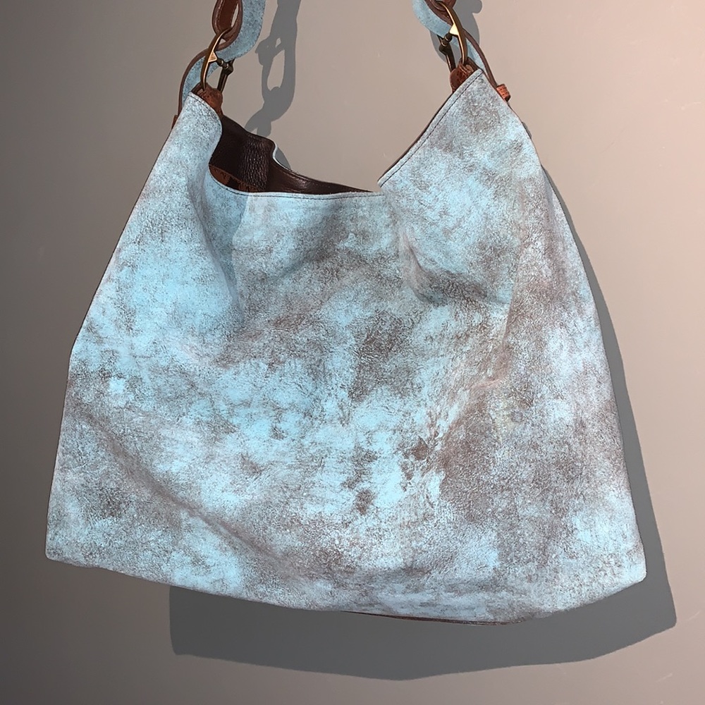 Juan Antonio Adobe Turquoise Blue Brown Leather Nubuck Weekend Boho Western Tote - Picture 16 of 16